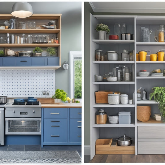 A modern kitchen with sleek, floor-to-ceiling cabinets, pull-out shelves, and a pegboard on the back of a door, showcasing optimized vertical storage for pots, pans, utensils, and cookbooks.