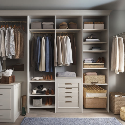 A serene, well-lit closet interior with custom shelving, drawers, and rods, featuring a mix of folded clothes, hanging garments, and organized accessories, with a few open storage bins and baskets.