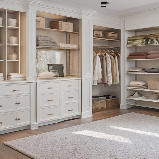 A serene, modern closet with creamy white walls, rich walnut shelves, and a soft, champagne-colored carpet, featuring a custom-built island with ornate metalwork and velvet-lined drawers.