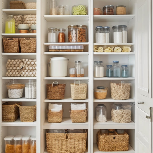 A tidy, narrow pantry with adjustable shelves, baskets, and a pegboard, showcasing a mix of clear glass jars, woven baskets, and compact appliances in a soft, natural light.