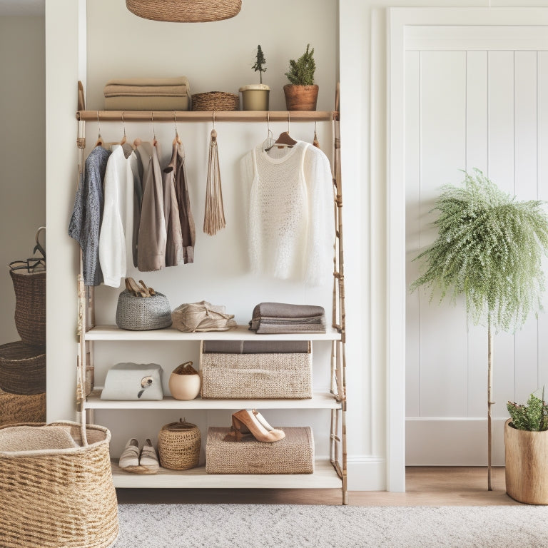 A serene, minimalist closet with a mix of repurposed and refashioned items: a vintage ladder turned shelving unit, a refurbished dresser with new hardware, and a clothes rack with DIY macrame hangers.