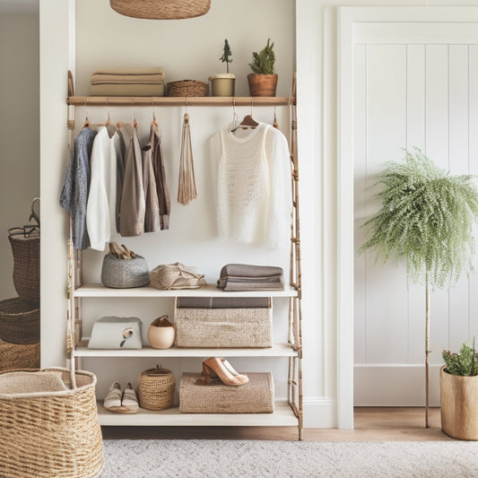 A serene, minimalist closet with a mix of repurposed and refashioned items: a vintage ladder turned shelving unit, a refurbished dresser with new hardware, and a clothes rack with DIY macrame hangers.