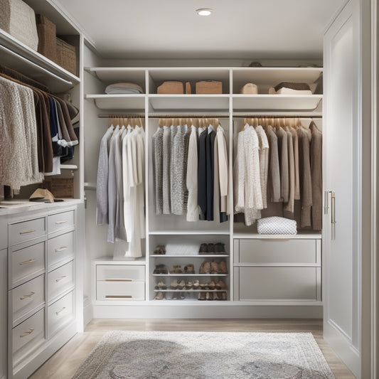 A serene, well-lit closet interior with sleek, floor-to-ceiling shelves, drawers, and a central island, featuring neatly arranged clothes, shoes, and accessories in a calming, neutral color palette.