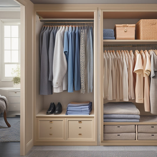 An organized closet with three custom shelves, each holding neatly folded clothes in cohesive stacks, against a light-gray background with soft, warm lighting.