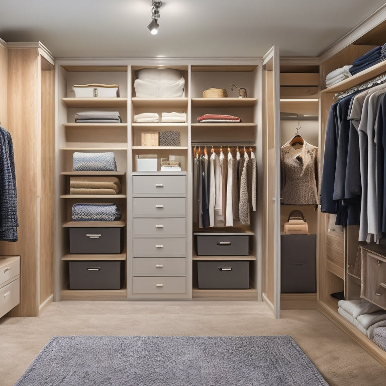 A tidy, well-lit closet interior with a SuperSlide shelf system installed, featuring multiple shelves, drawers, and hanging rods, with a few stylishly arranged clothing items and accessories.