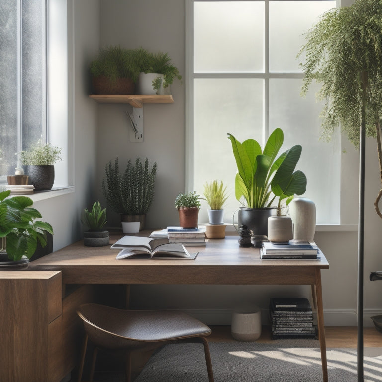 A tidy, minimalist home office with a sleek wooden desk, a single, potted plant, and a few, carefully curated books on a shelf, surrounded by plenty of natural light.