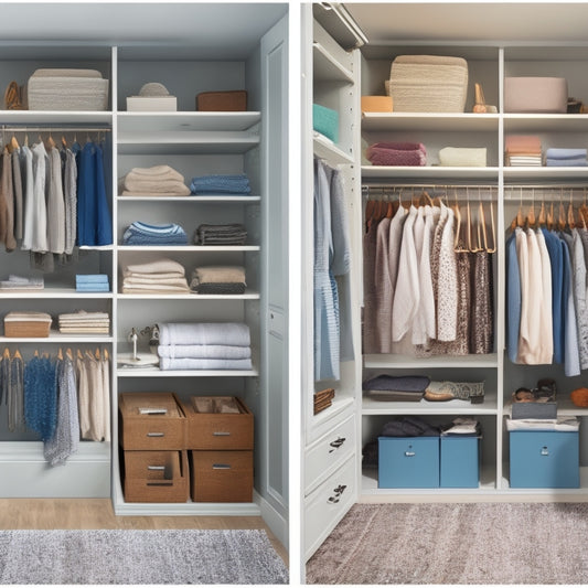 A split-screen image: a cluttered closet with clothes scattered on the floor and a jumbled mess of shelves on the left, versus a serene, customized DIY closet system with sleek drawers, shelves, and a hanging rod on the right.