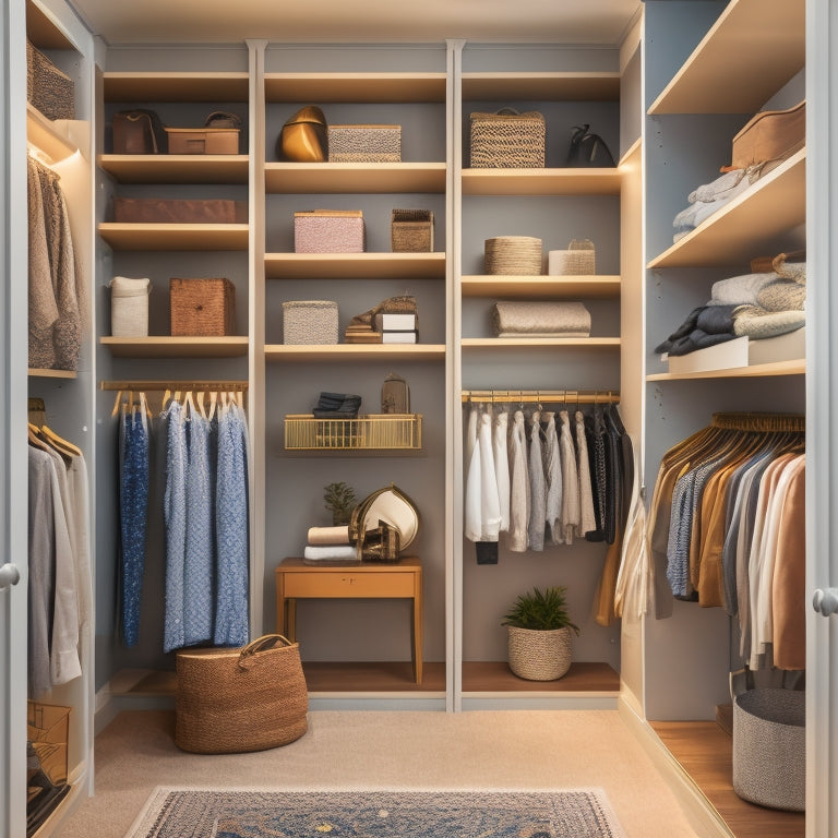 A serene, well-lit closet interior with floor-to-ceiling shelves, neatly organized clothing on velvet hangers, and stylish storage bins, featuring a mix of wooden and metallic accents.