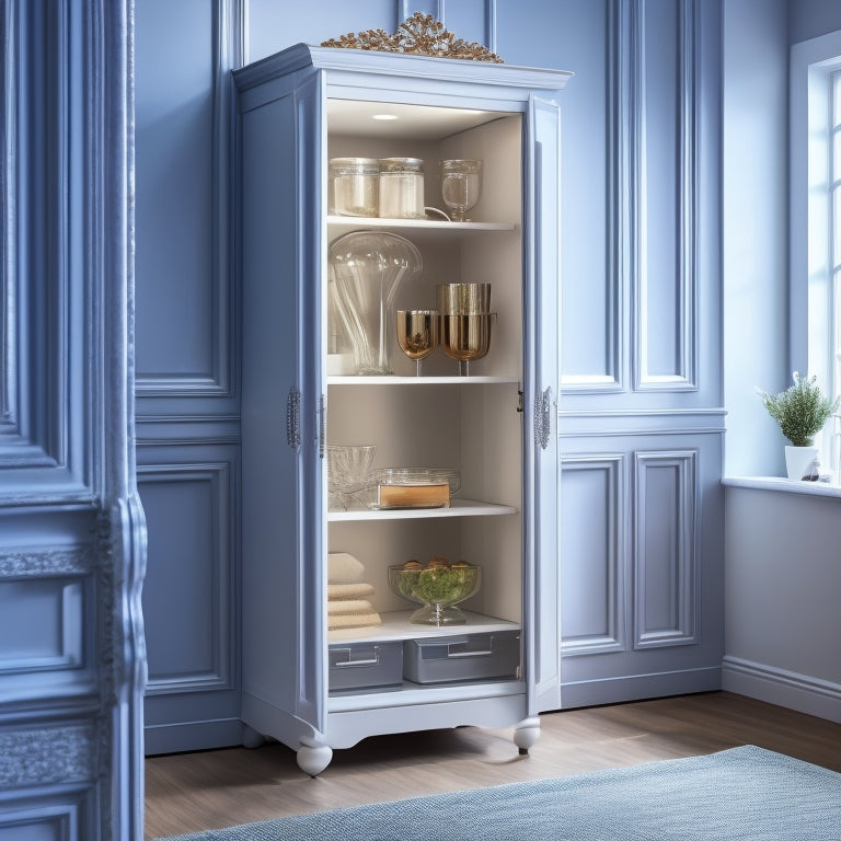 Generate an image of a sleek, white cabinet with sliding glass doors, revealing neatly stacked, labeled storage bins, and a single, ornate, silver key resting on a velvet-lined shelf.