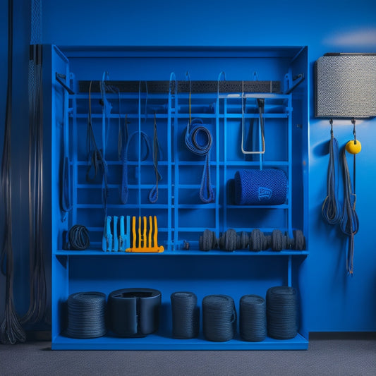 A tidy, well-lit gym equipment storage room with labeled bins, color-coded shelves, and a pegboard with neatly hung jump ropes, whistles, and resistance bands, surrounded by minimalistic blue walls.