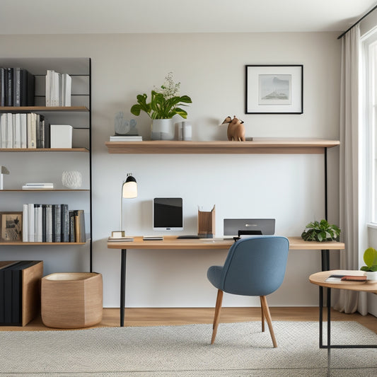 A modern, minimalist home office with a bespoke shelving system, a sleek desk, and a few, carefully placed decorative items, surrounded by a subtle, monochromatic color palette and plenty of natural light.
