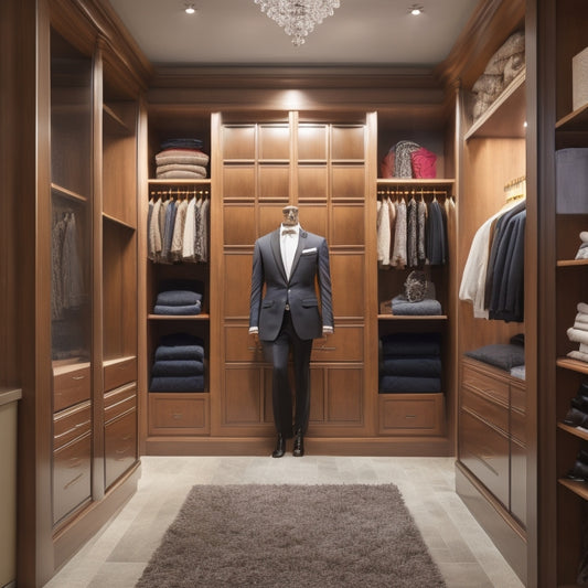 A luxurious, well-lit walk-in closet with dark wood flooring, creamy white walls, and floor-to-ceiling shelves, featuring a stylishly dressed male mannequin surrounded by designer suits and accessories.