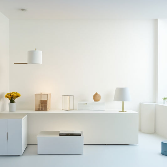 A serene, white-walled room with a minimalist desk, a single, sleek lamp, and a few, neatly labeled storage bins in the background, surrounded by ample negative space.