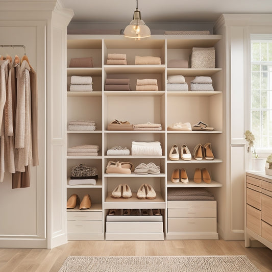 A serene, walk-in closet with cream-colored shelves, neatly stacked drawers, and a floor-to-ceiling shoe rack, illuminated by soft, warm lighting and a few tasteful, minimalist decorative accents.