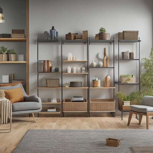 A tidy, modern living room with a sleek, multi-tiered shelving unit against a wall, baskets and bins of various sizes, and a few decorative items on shelves.