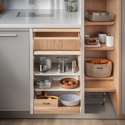 A minimalist kitchen cart with open drawers, one filled with utensils organized using dividers in various shapes, sizes, and materials (wood, plastic, metal), surrounded by a clean, modern kitchen backdrop.