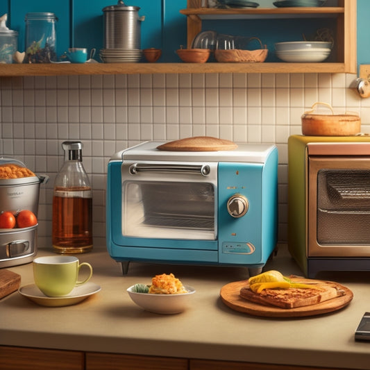 A cluttered kitchen counter transforms into an organized space with a toaster oven on a wall-mounted fold-down shelf, a compact refrigerator with a slide-out drawer, and a microwave on a rotating turntable.