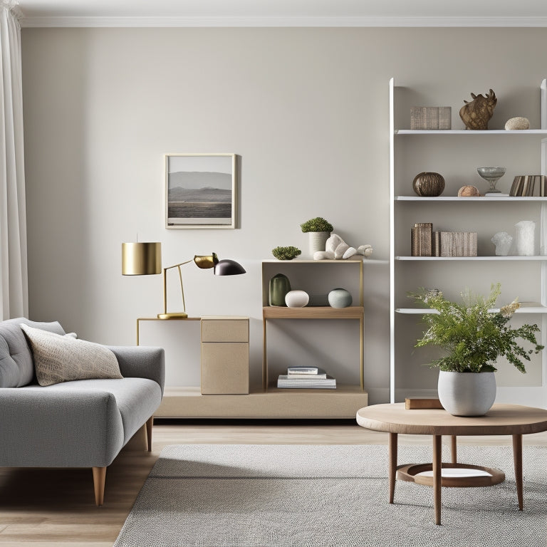 A serene, minimalist living room with a sleek, wall-mounted shelving unit, a hidden storage ottoman, and a few, carefully selected decorative items, surrounded by ample negative space.