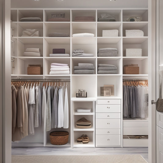 A serene, modern closet interior with soft, warm lighting, featuring a custom organization system with sleek, white shelves, drawers, and rods, surrounded by neatly arranged clothes and accessories.
