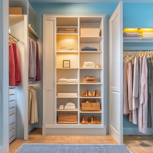 A serene, well-lit walk-in closet with custom shelves, drawers, and rods, featuring a color-coded clothing arrangement, and a few carefully placed decorative accessories, such as a small vase and a framed photo.