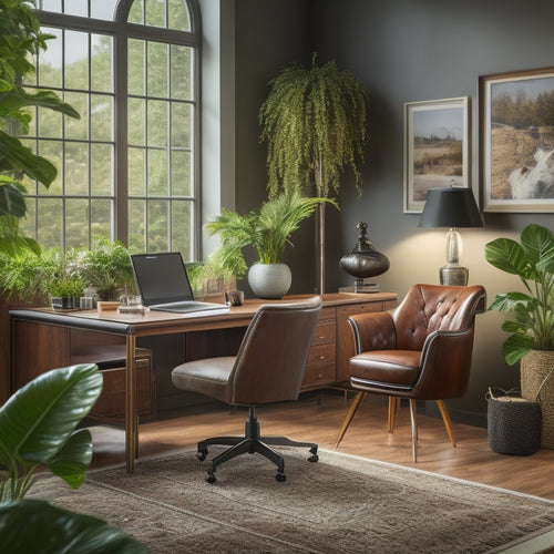 A well-lit, modern home office with a large, L-shaped corner desk in a rich wood tone, surrounded by a comfortable chair, plants, and a few decorative accessories.