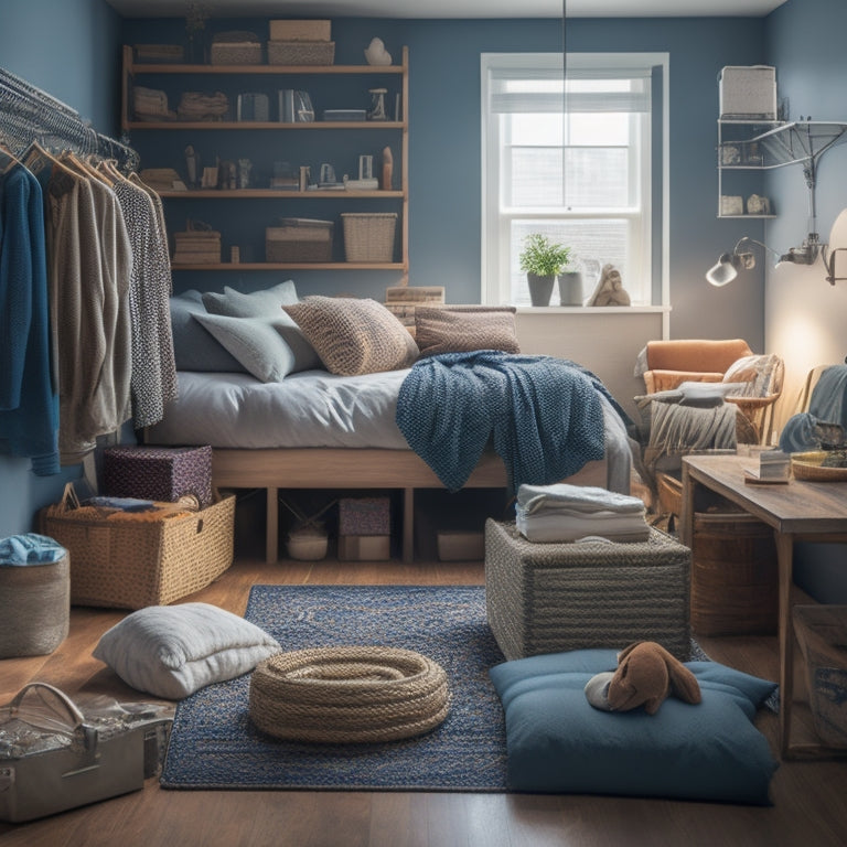 A cluttered studio apartment with a messy bed, scattered clothes, and stacked boxes, contrasted with a tidy, organized corner featuring a storage ottoman, a hanging shelf, and a few strategically placed baskets.