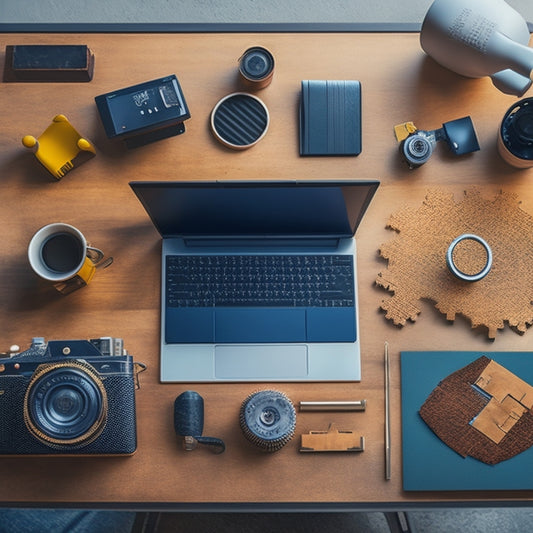 A tidy, minimalist workspace with a small desk, a laptop, and a few organized files, surrounded by a subtle background of interconnected gears and puzzle pieces.