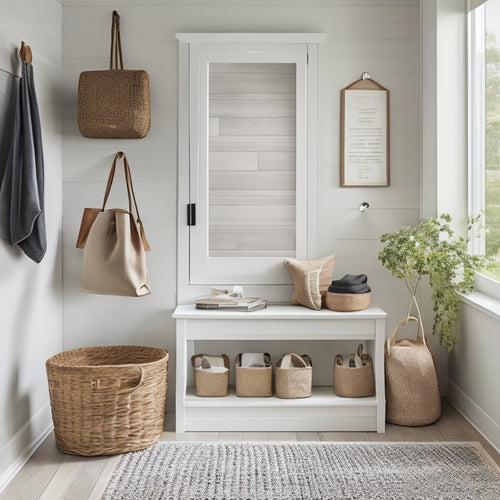 A tidy entryway with a minimalist mudroom system: a bench with storage baskets, a tall shelf for coats and bags, and a small console table with a mirror above, set against a calming neutral background.