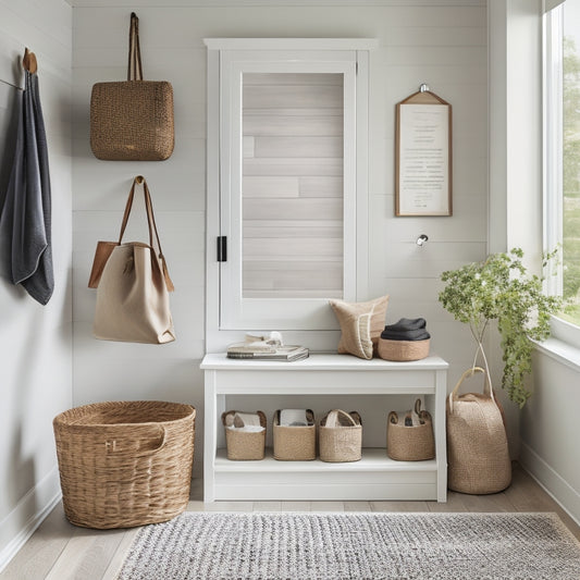 A tidy entryway with a minimalist mudroom system: a bench with storage baskets, a tall shelf for coats and bags, and a small console table with a mirror above, set against a calming neutral background.