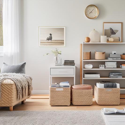A tidy, minimalist living room with a few cleverly organized elements: a storage ottoman, a wall-mounted shelf with baskets, and a small, labeled drawer organizer on a side table.