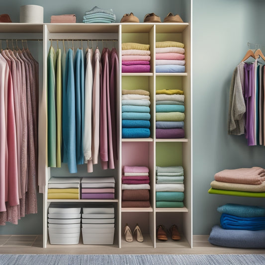 A serene, organized closet interior with neatly folded clothes in varying hues, stacked in a rainbow-colored gradient within a wooden shelf, surrounded by minimal, chic decorations.