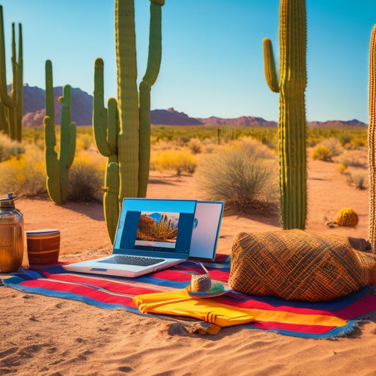 A serene desert landscape with a laptop, notebooks, and pencils on a picnic blanket, surrounded by saguaro cacti, with a subtle Arizona state flag pattern in the background.