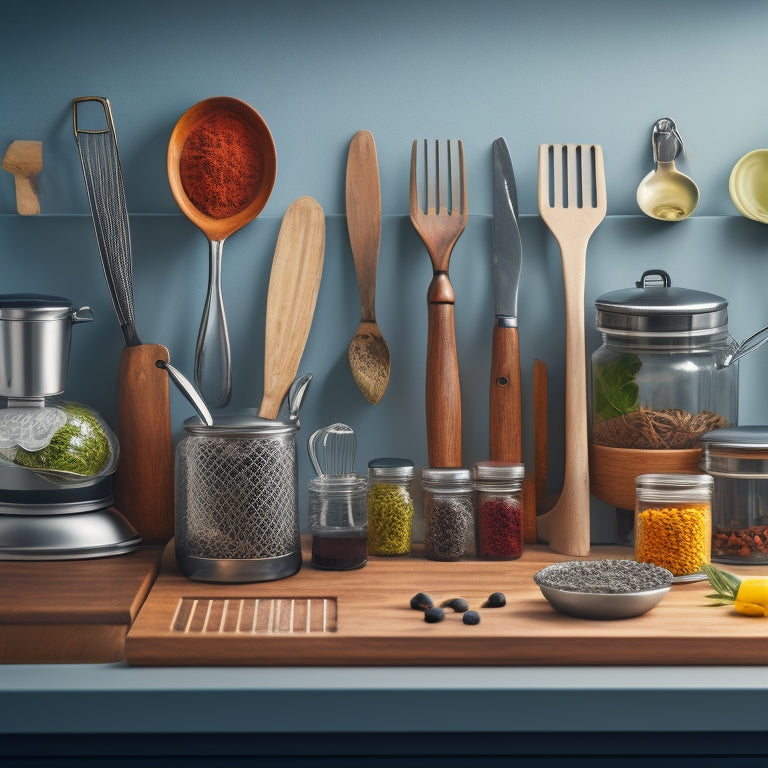 A tidy kitchen countertop with a utensil organizer filled with neatly arranged kitchen tools, a few strategically placed hooks, and a small tray containing a set of matching spice bottles.