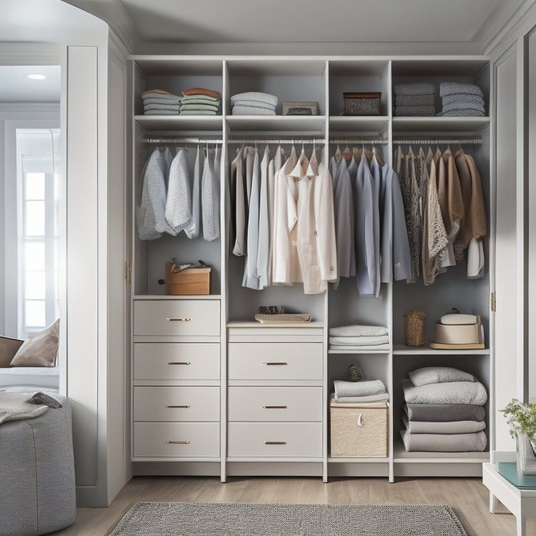 A serene, well-lit closet with a soft gray walls, white shelves, and a mix of wooden and metal storage units, showcasing folded clothes, hanging garments, and clever utilization of vertical space.