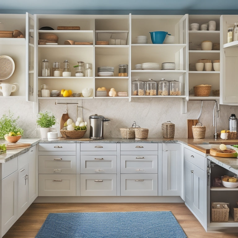 A tidy, modern kitchen with a floor-to-ceiling cabinet featuring pull-out drawers, baskets, and shelves in various sizes, showcasing organized cookware, utensils, and gourmet ingredients.