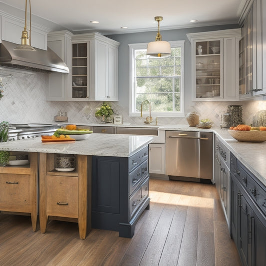 A bright, modern kitchen with sleek countertops and hardwood floors, featuring a custom corner cabinet with pull-out shelves, soft-close drawers, and ornate hardware, lit by warm, natural light.