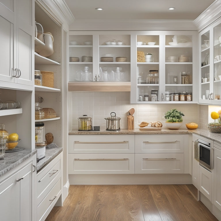 A serene, well-lit kitchen with sleek, white cabinets, featuring a custom pantry with pull-out drawers, adjustable shelves, and a built-in spice rack, surrounded by warm, honey-toned wood flooring.