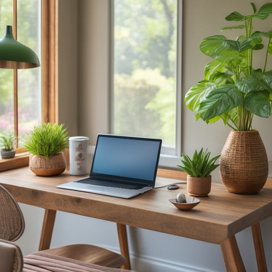 A clutter-free home office desk with a sleek laptop, a few organized papers, and a small potted plant, surrounded by a calm background with soft natural light and subtle wood accents.