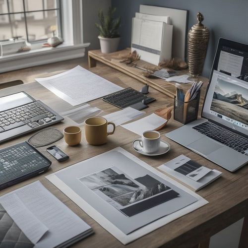 A cluttered desk with scattered papers, pens, and a laptop, transformed into a organized space with a clean surface, a tidy tray, and a minimalist digital screen displaying a calendar and to-do lists.