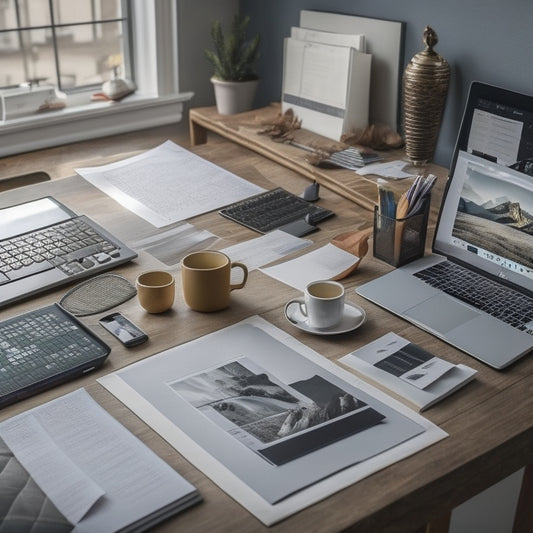 A cluttered desk with scattered papers, pens, and a laptop, transformed into a organized space with a clean surface, a tidy tray, and a minimalist digital screen displaying a calendar and to-do lists.