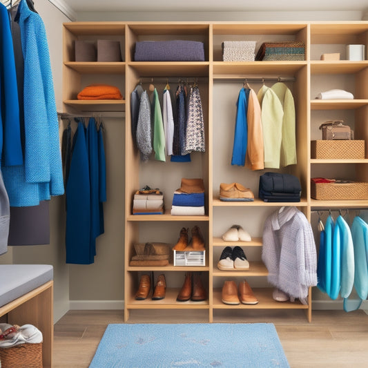 A tidy, modern closet with shelves, drawers, and a hanging rod, featuring a tablet displaying a digital closet organizer app, surrounded by neatly arranged clothes, shoes, and accessories.