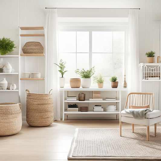 A bright, airy living room with a minimalist aesthetic, featuring a sleek, white shelving unit, woven baskets, and a few, carefully-placed decorative items, surrounded by calm, natural light.