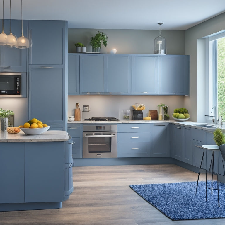 A serene, modern kitchen with sleek, handleless cabinets in a soft gray hue, a compact island with a built-in sink, and a stainless steel refrigerator nestled in a cozy nook.