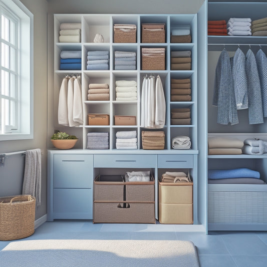 A serene, minimalist room with a few, neatly organized collapsible storage bins in various sizes, some with lids open, revealing tidy stacks of folded clothes and accessories.