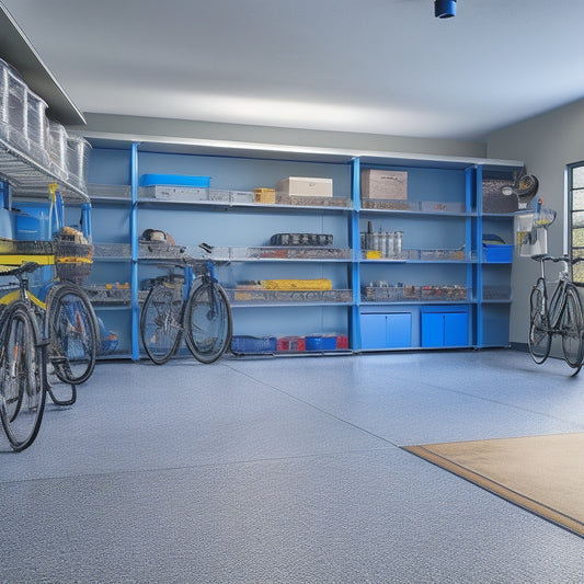 A clutter-free garage with sleek, metallic Geartrack Packs installed on walls, holding organized rows of bins, baskets, and hooks, surrounded by a sports car, bicycles, and a few tools, with a bright, polished floor.