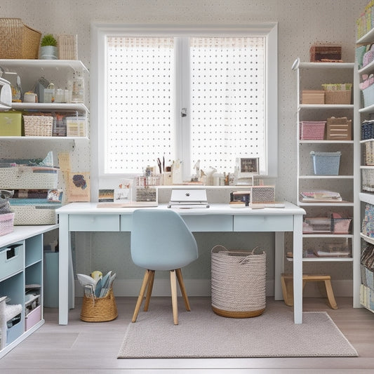 A clutter-free craft room with a pegboard wall, baskets, and bins in pastel hues, surrounded by neatly organized threads, buttons, and fabric scraps, with a small desk and chair in the corner.