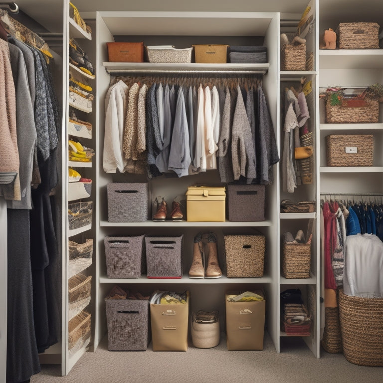 A cluttered small closet with messy clothes and shoes scattered around, transformed into an organized space with stacked storage bins, hanging organizers, and a shoe rack, with a few empty hangers.