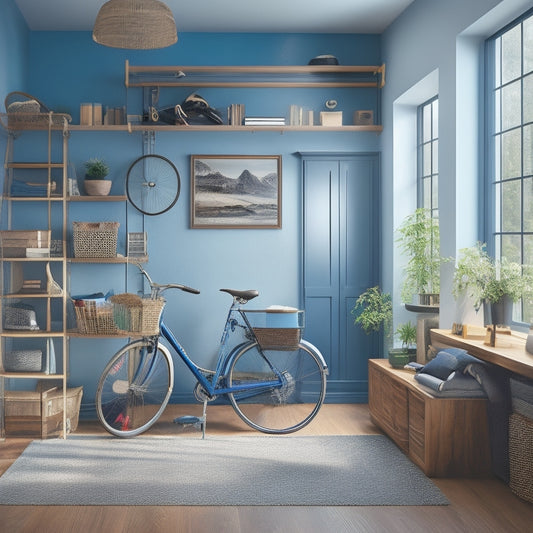 A stylized illustration of a compact, clutter-free room with floor-to-ceiling shelves, ladder, and baskets, showcasing a Murphy desk, hanging bike, and maximizing vertical space.