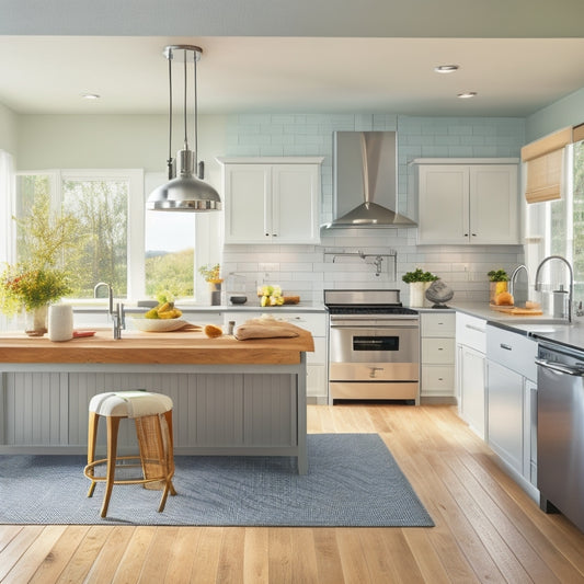 A bright, modern kitchen with a small, L-shaped island in the center, featuring a butcher-block top, stainless steel legs, and three woven baskets underneath, surrounded by sleek appliances and warm, natural light.