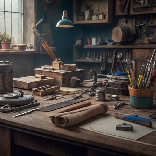 A cluttered workshop table with various DIY tools, a half-built wooden shelf, and a worn, dog-eared manual lying open, with a pencil and screwdriver resting on top of it.